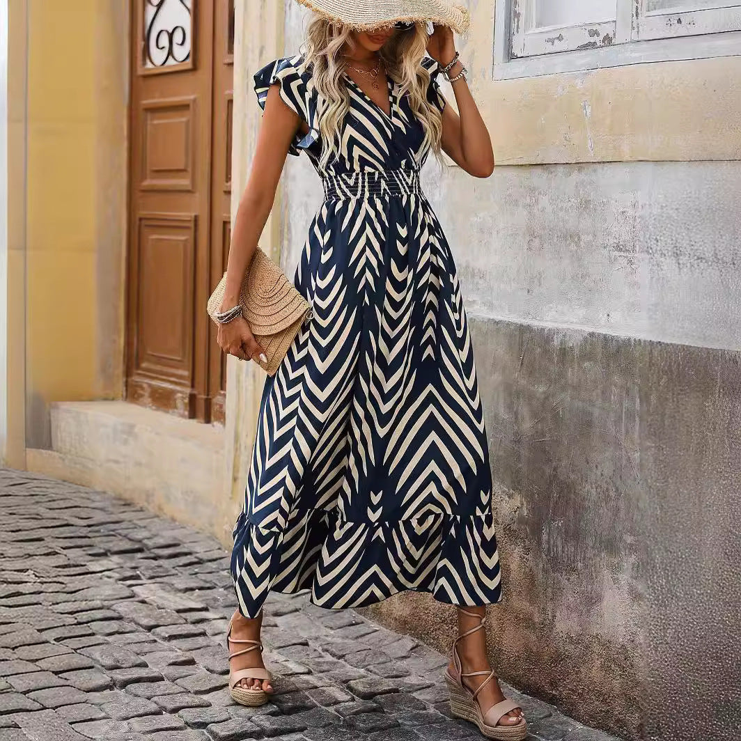 Robe longue fluide imprimé graphique femme