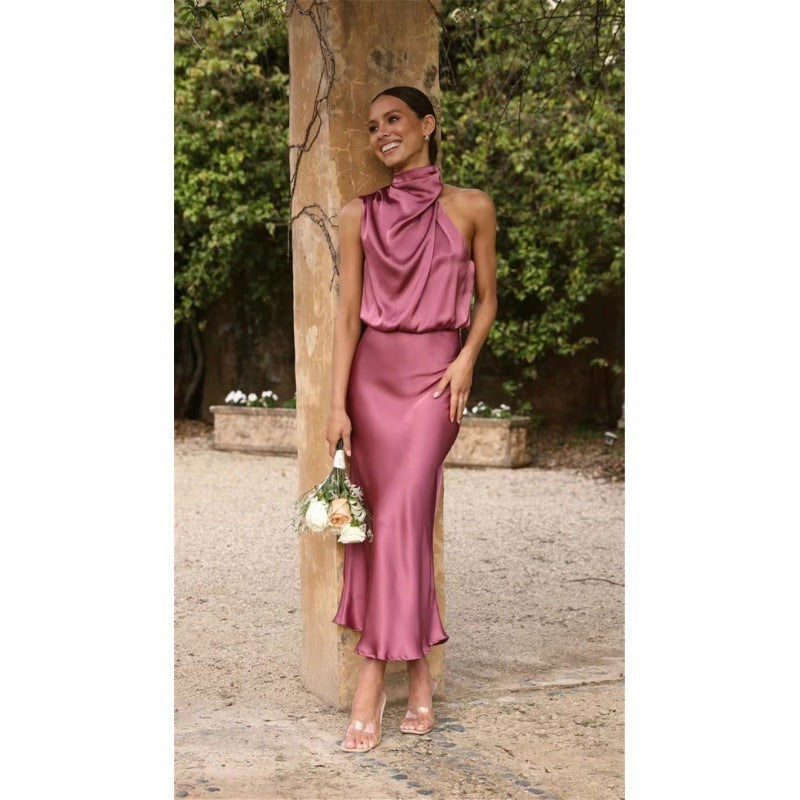 Robe élégante femme col montant fluide