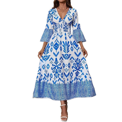Robe longue imprimée à col V fluide