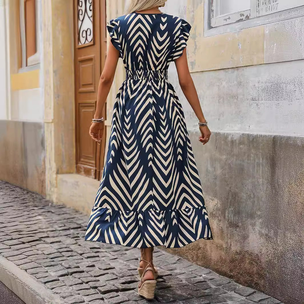 Robe longue fluide imprimé graphique femme