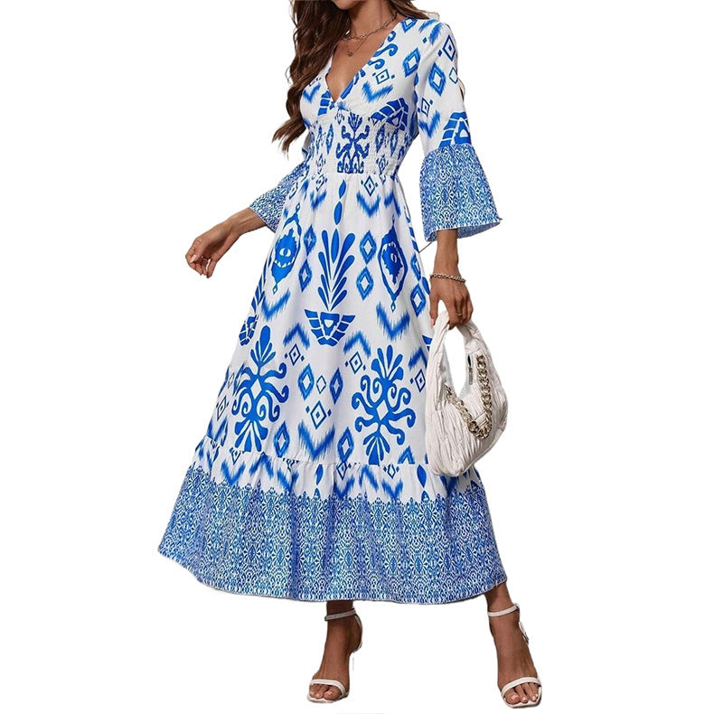 Robe longue imprimée à col V fluide