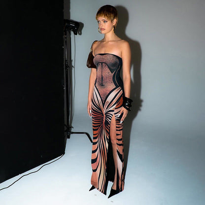 Robe longue bustier à imprimé graphique