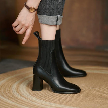 bottines à talon épais bout carré effet chaussette