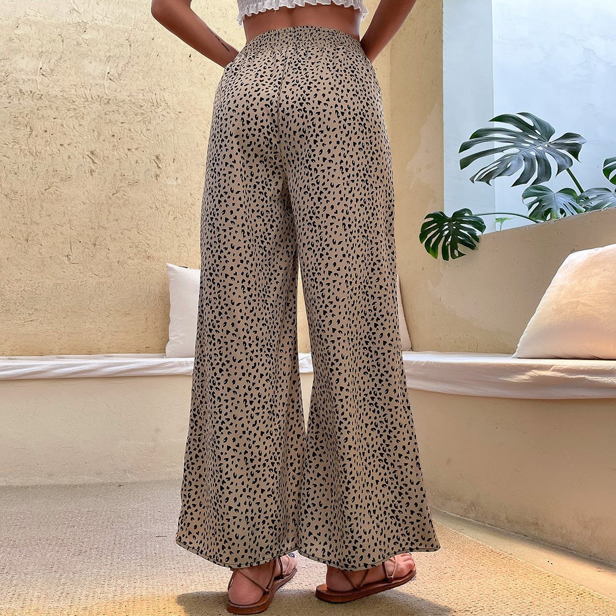 Pantalon large taille élastique imprimé femme
