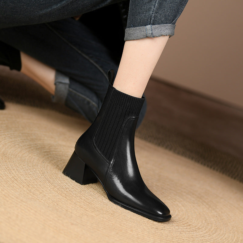 bottines à talon épais bout carré effet chaussette