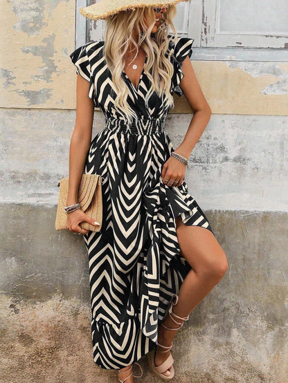 Robe longue fluide imprimé graphique femme