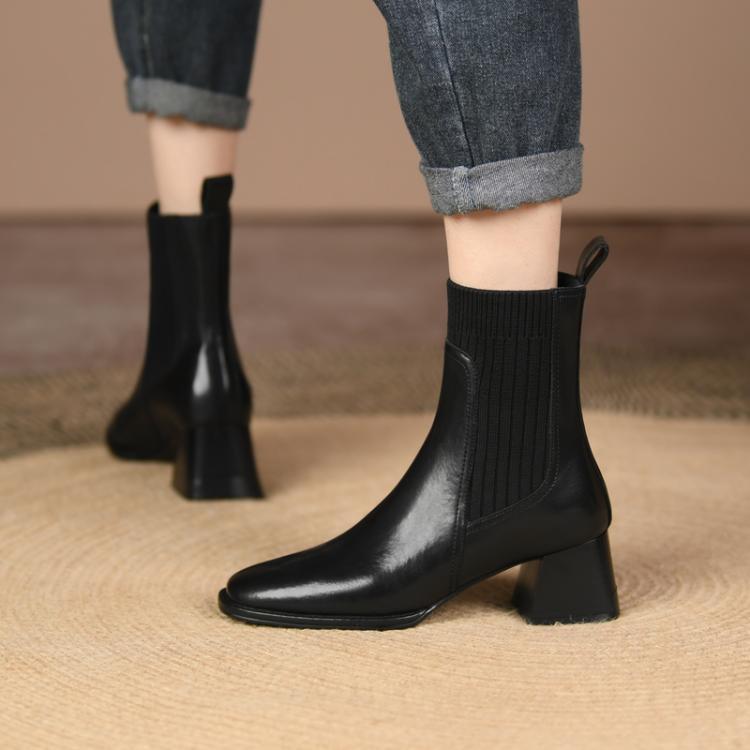 bottines à talon épais bout carré effet chaussette
