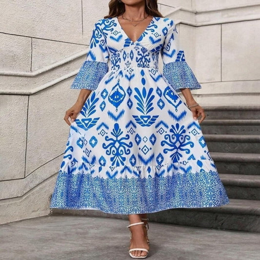 Robe longue imprimée à col V fluide
