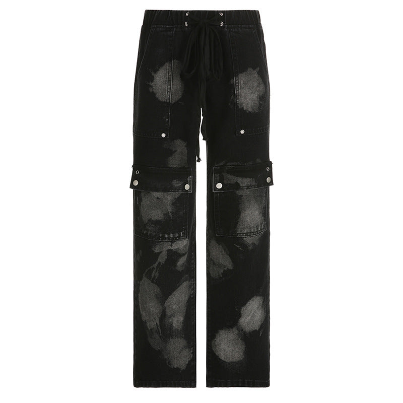 Jean Droit Noir avec Détail Couture et Poches