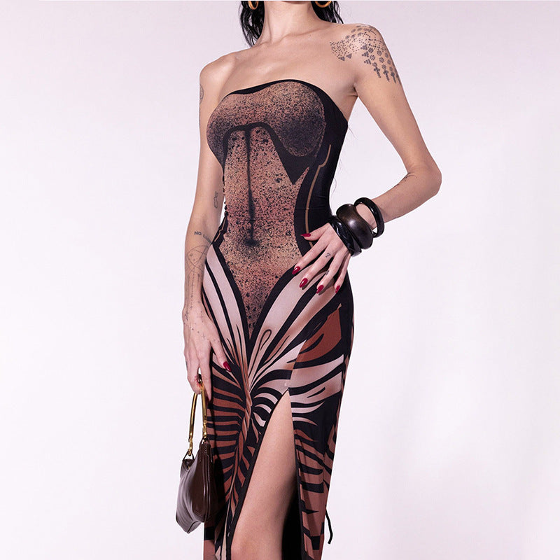 Robe longue bustier à imprimé graphique