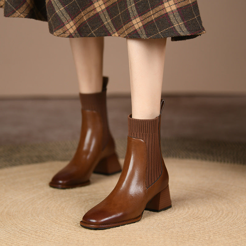 bottines à talon épais bout carré effet chaussette