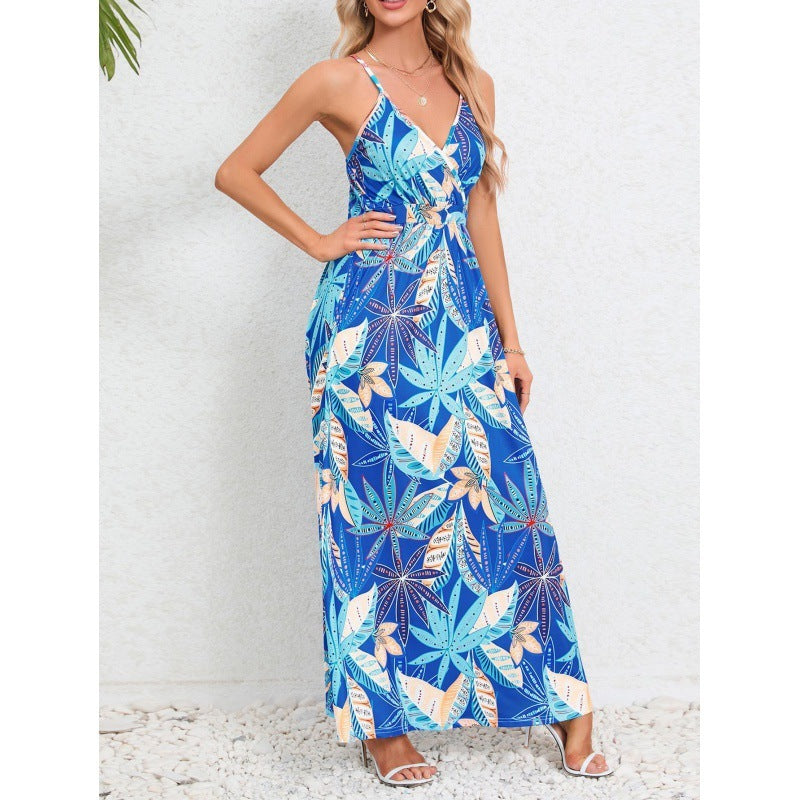 Robe longue à bretelles fines imprimée feuillage tropical