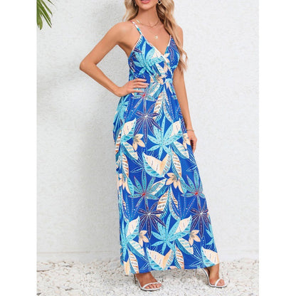 Robe longue à bretelles fines imprimée feuillage tropical