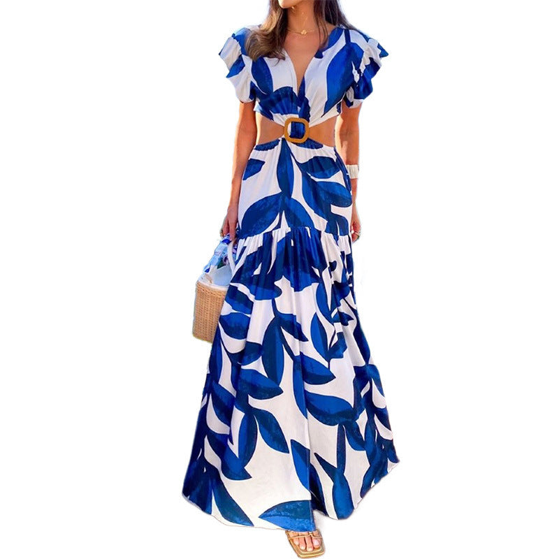 Robe longue féminine à découpe taille ceinturée