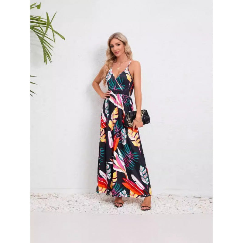 Robe longue à bretelles fines imprimée feuillage tropical