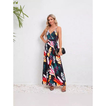 Robe longue à bretelles fines imprimée feuillage tropical