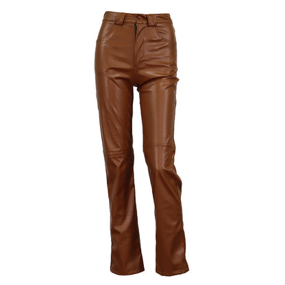 Pantalon droit en simili cuir taille haute
