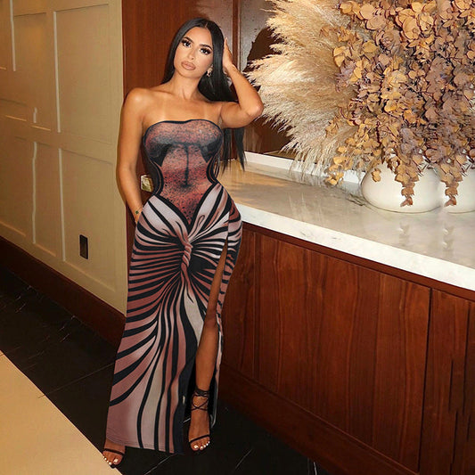 Robe longue bustier à imprimé graphique
