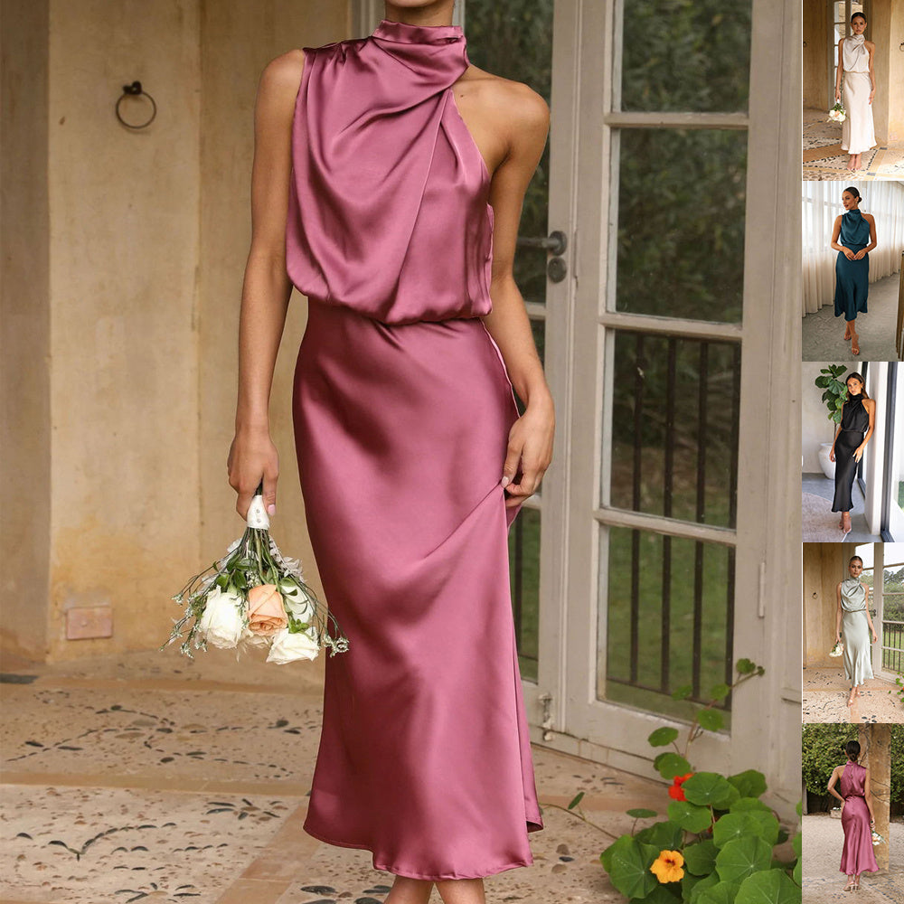 Robe élégante femme col montant fluide