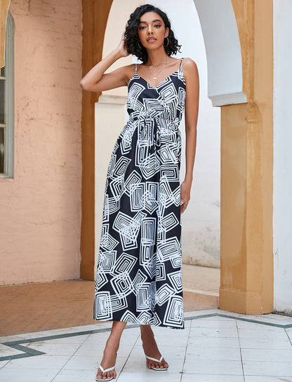 Robe longue imprimée à fines bretelles