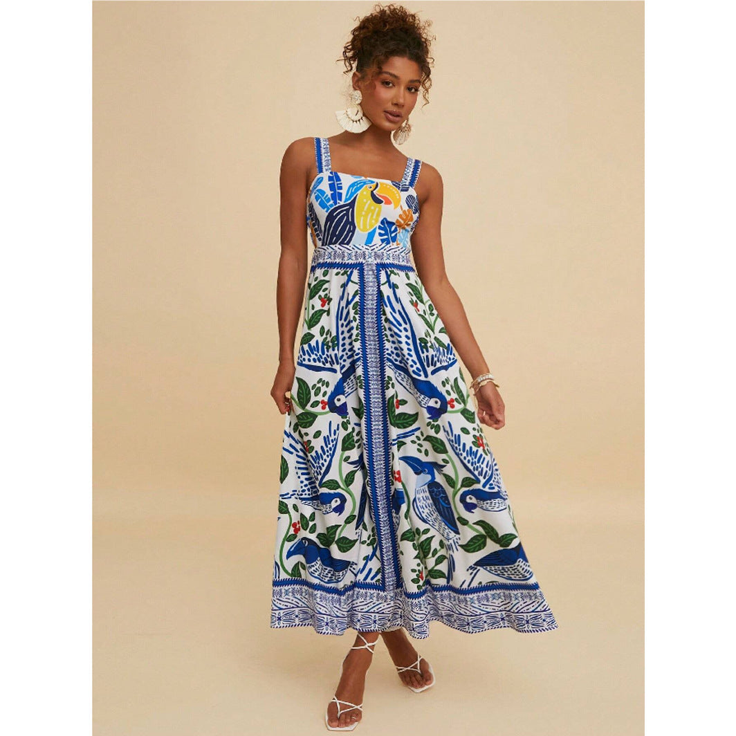 Robe longue imprimée à bretelles femme