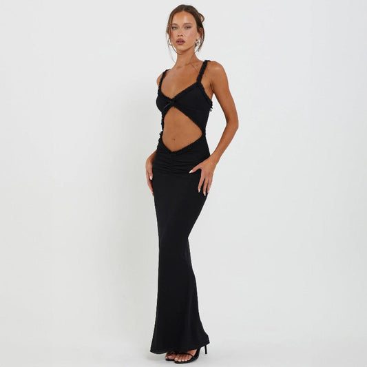 Robe longue découpée à bretelles fines