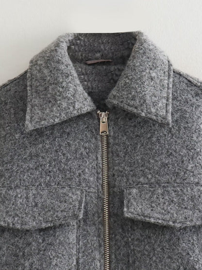 Veste Courte en Laine avec Col Polo et Perles
