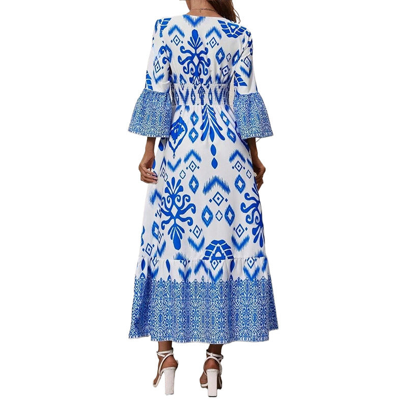 Robe longue imprimée à col V fluide