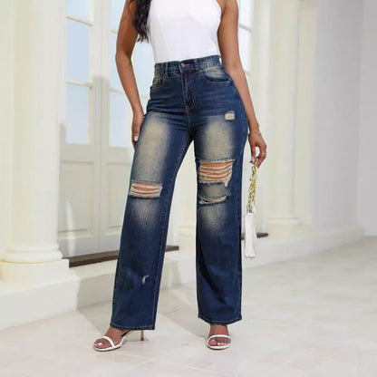 Jean taille haute déchiré coupe droite femme
