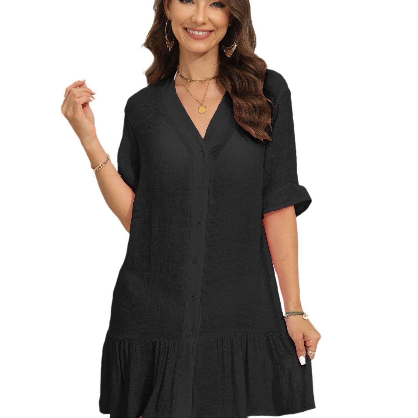 Robe chemise courte fluide à volants femme