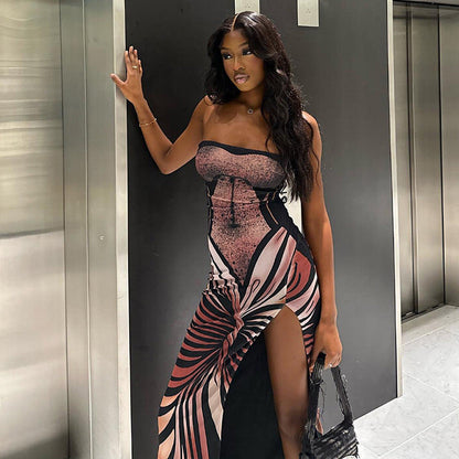 Robe longue bustier à imprimé graphique