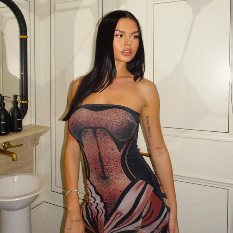 Robe longue bustier à imprimé graphique