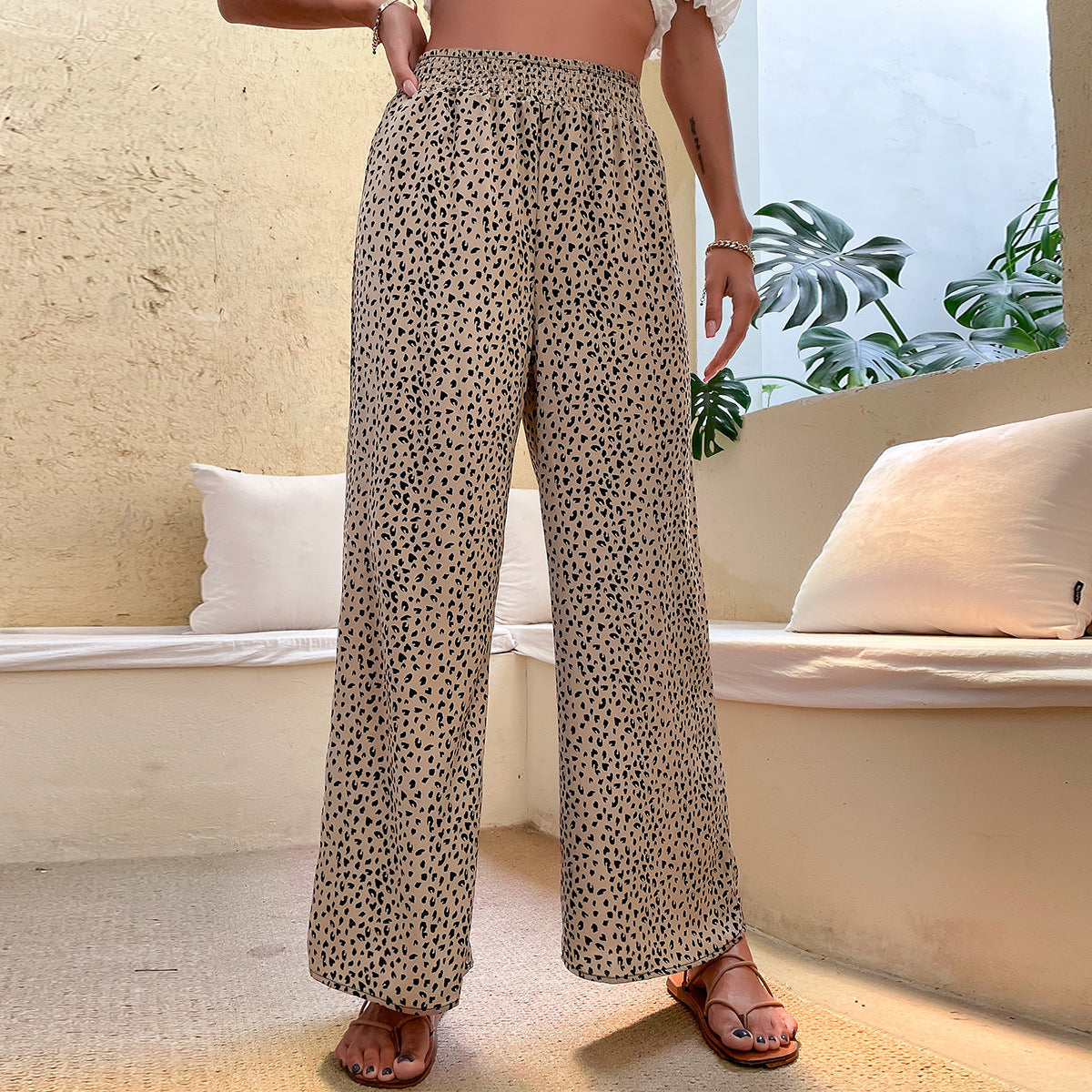 Pantalon large taille élastique imprimé femme