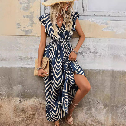Robe longue fluide imprimé graphique femme