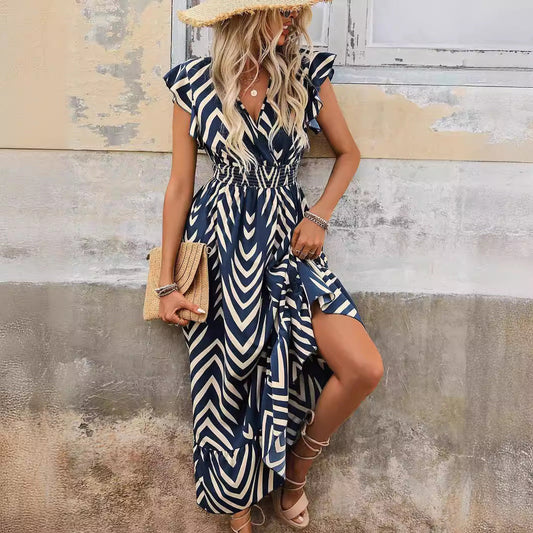Robe longue fluide imprimé graphique femme