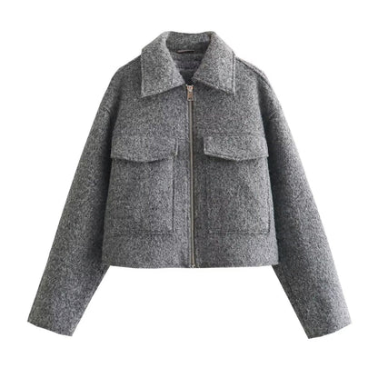 Veste Courte en Laine avec Col Polo et Perles